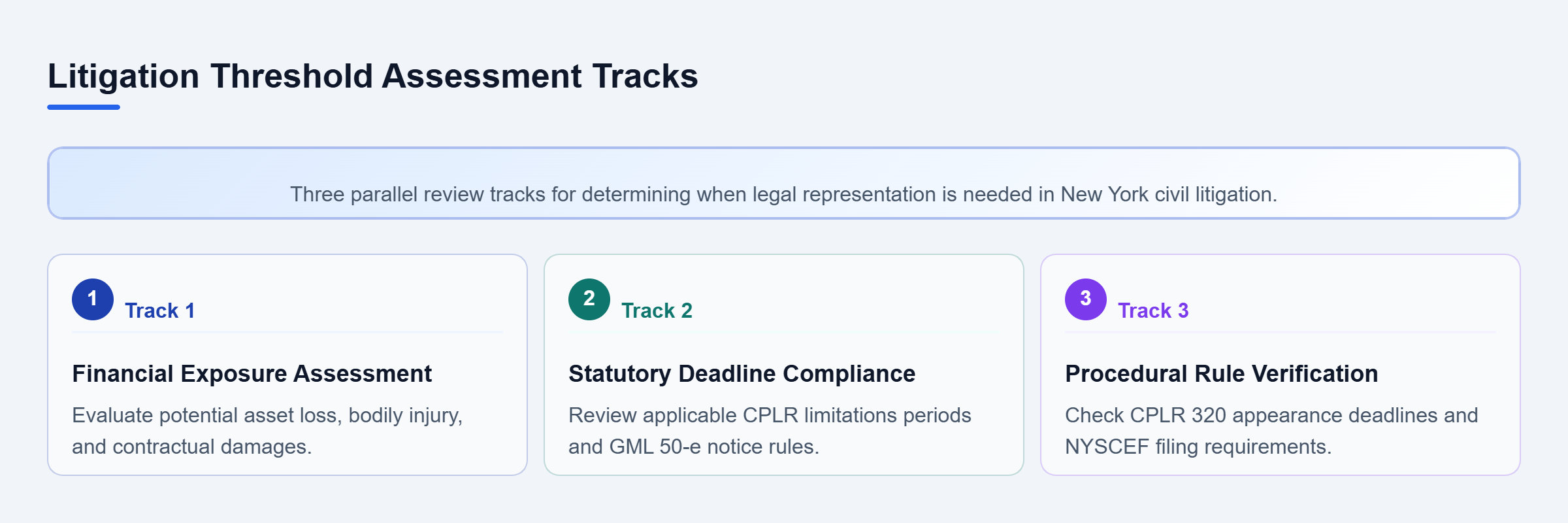 Diagram: A checklist flow outlining financial, statutory, and electronic procedural assessment tracks for New York civil claims.