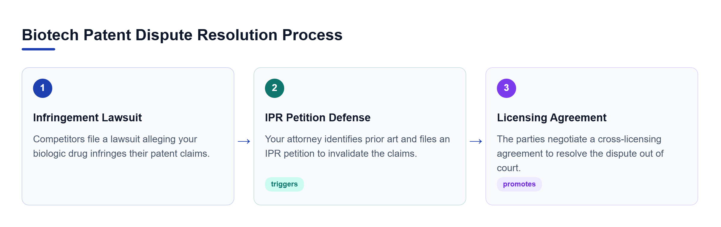 Diagram: Process flow showing an infringement lawsuit leading to an IPR petition defense, which then promotes a licensing agreement.