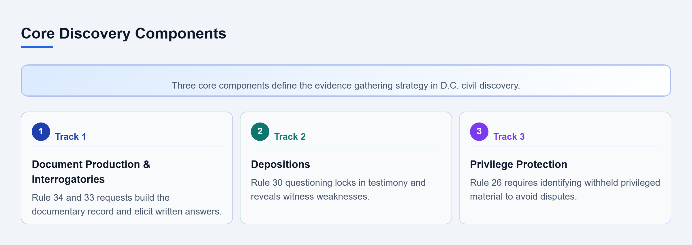 Diagram: Three parallel components of discovery: Document Production, Depositions, and Privilege Protection.