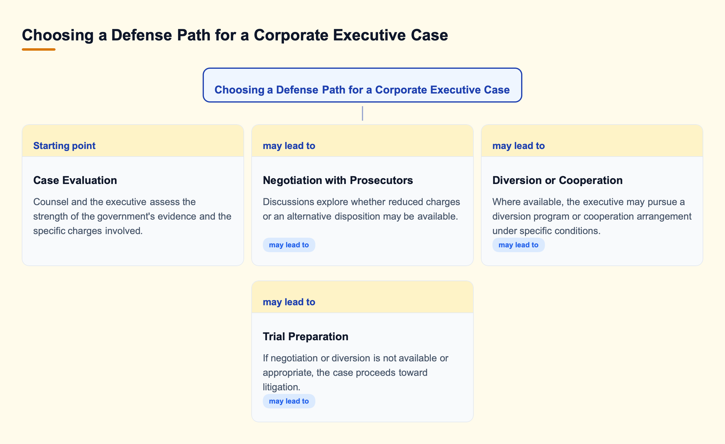 Diagram: Decision tree diagram showing how a corporate executive criminal case may proceed from case evaluation toward negotiation, diversion or cooperation agreements, or trial preparation.
