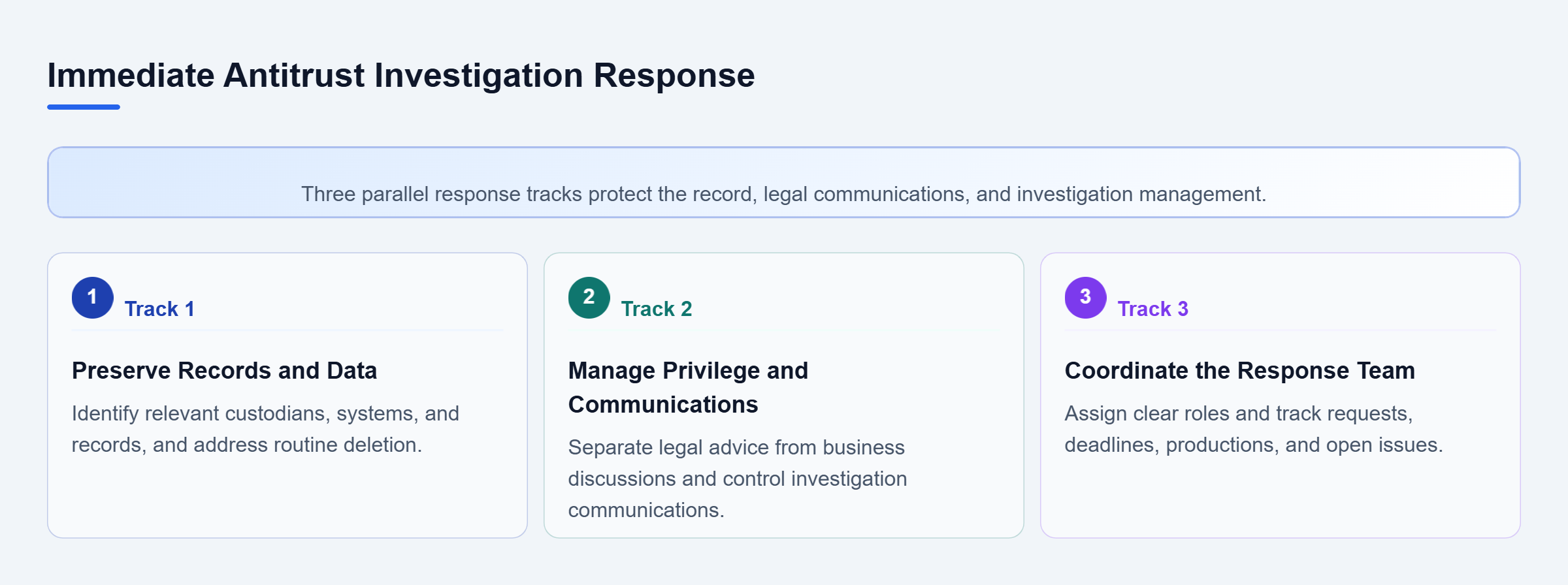Diagram: Three parallel tracks show document preservation, privilege management, and internal response coordination after an antitrust investigation begins.