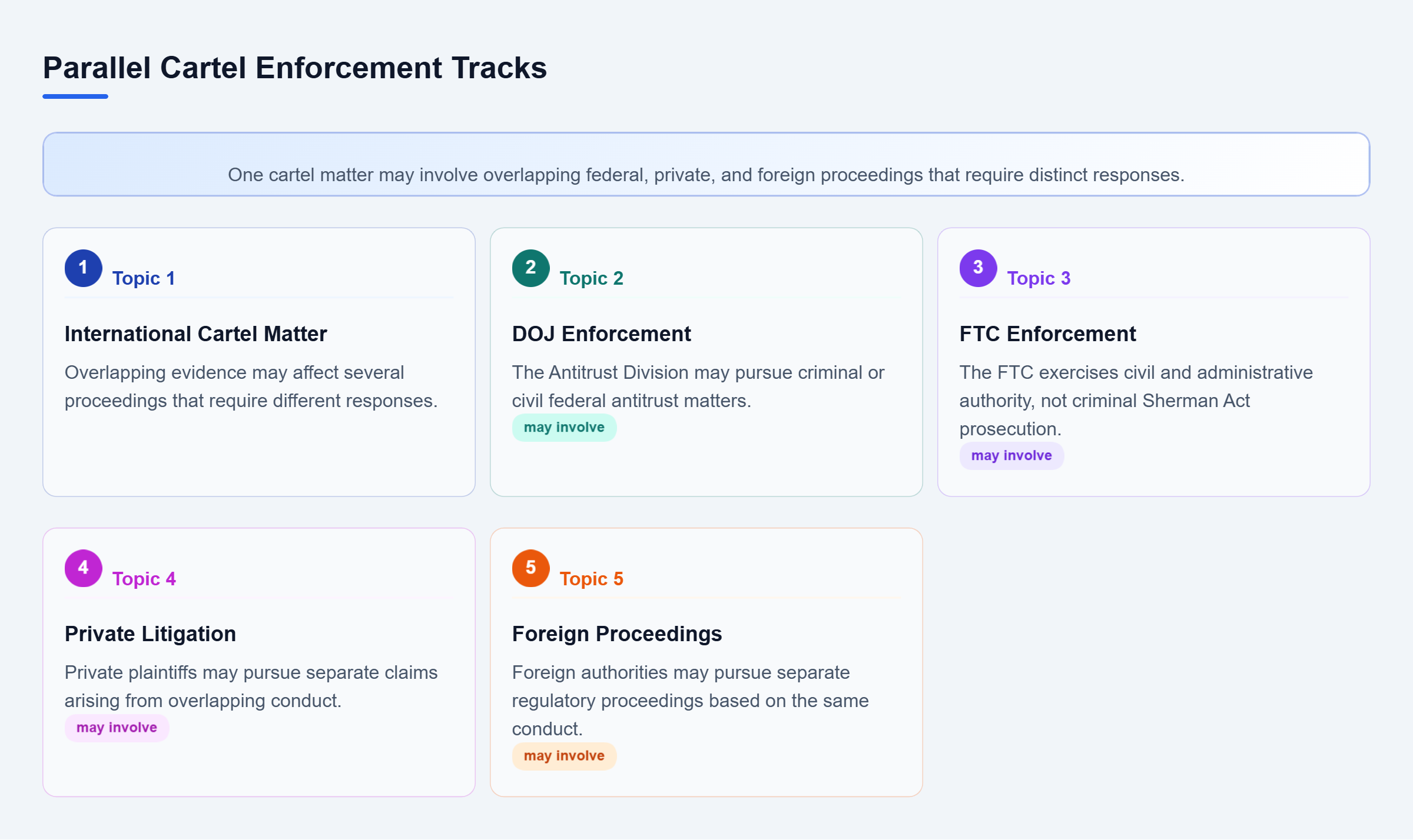 Diagram: A central cartel matter connects to DOJ criminal and civil enforcement, FTC civil and administrative action, private litigation, and foreign regulatory proceedings.