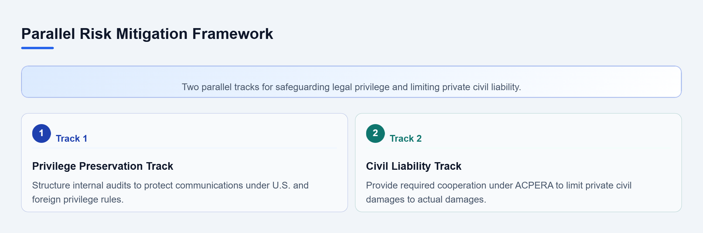 Diagram: Checklist flow illustrating parallel tracks for preserving attorney-client privilege and mitigating civil damage exposure under ACPERA.