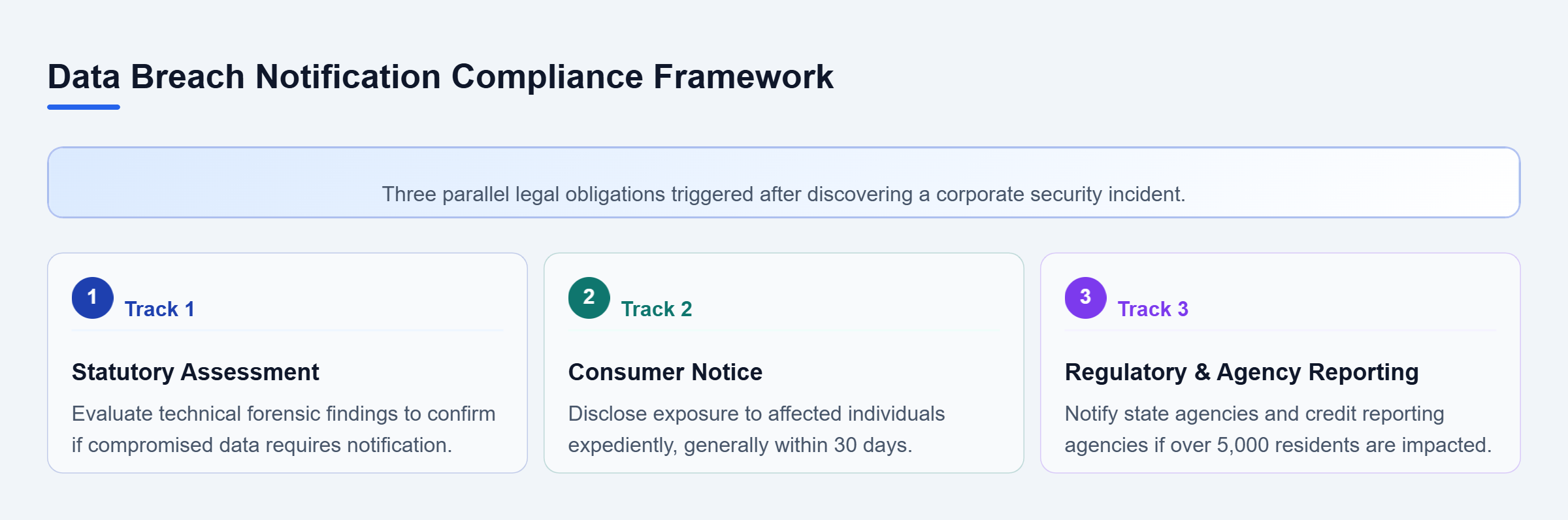 Diagram: Diagram showing three parallel compliance tracks: Statutory Assessment, Consumer Notice, and Regulatory Reporting.