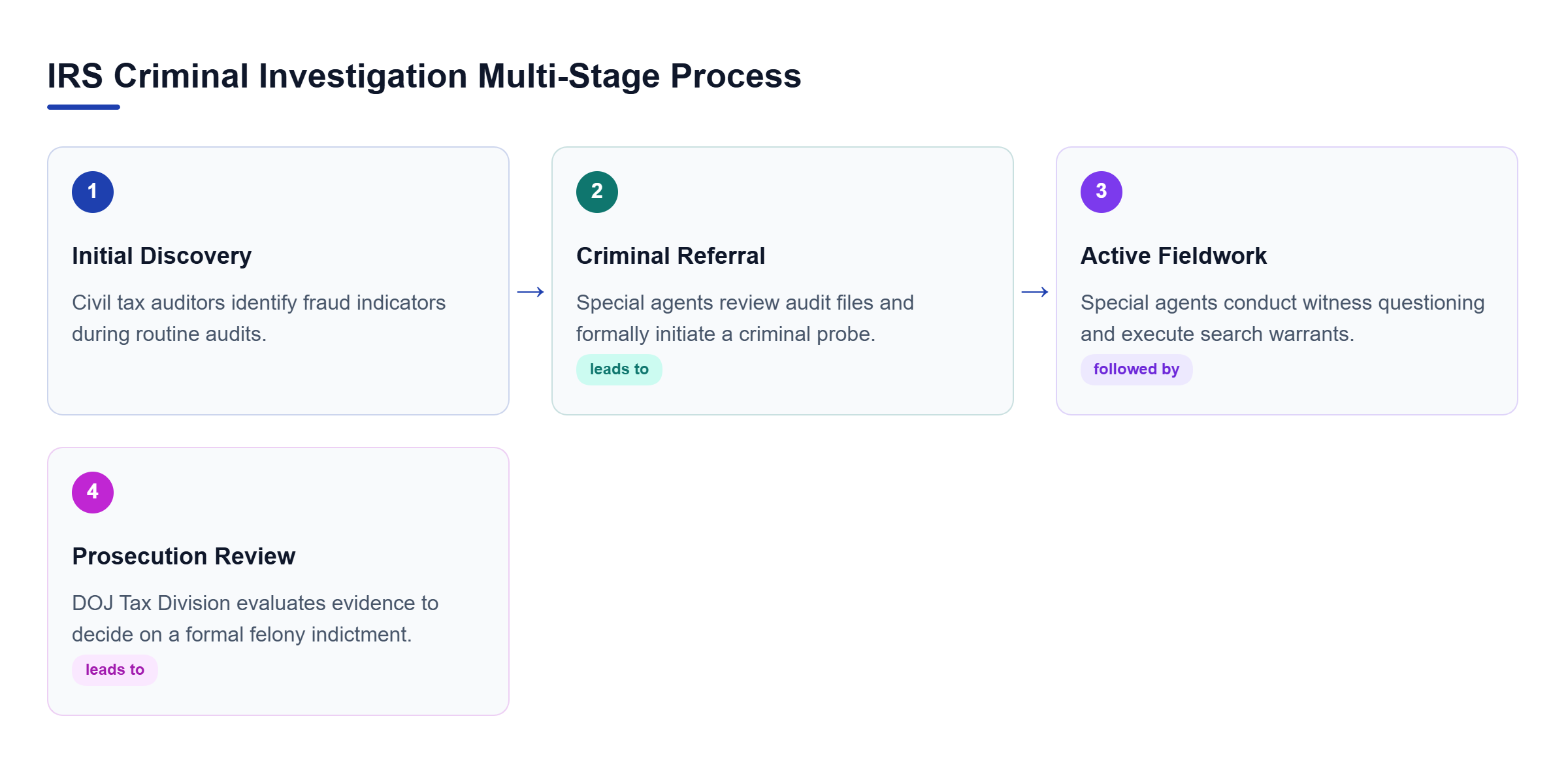 Diagram: Horizontal process flow showing Discovery, Criminal Referral, Fieldwork, and Prosecution Review.