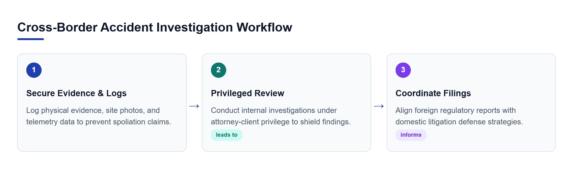 Diagram: Workflow showing evidence preservation, privileged internal investigation, and foreign agency coordination.