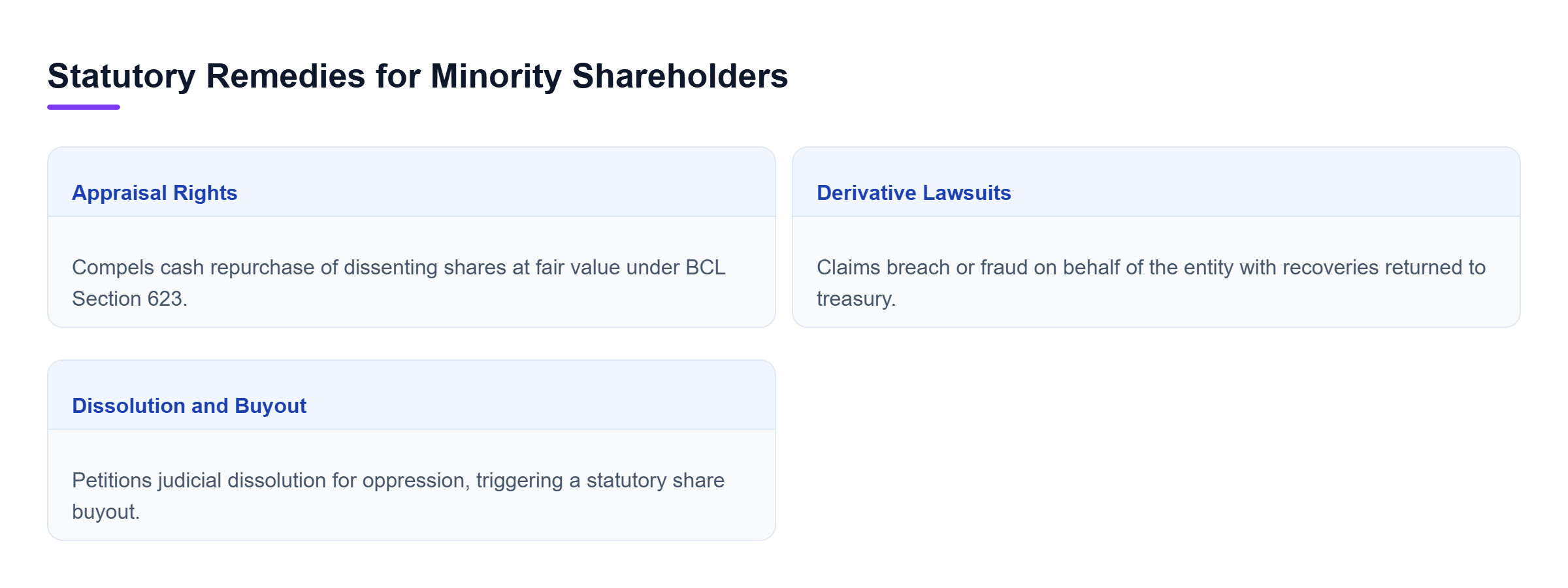 Diagram: Horizontal comparison of three statutory remedies: appraisal rights, derivative lawsuits, and judicial dissolution or buyout orders.