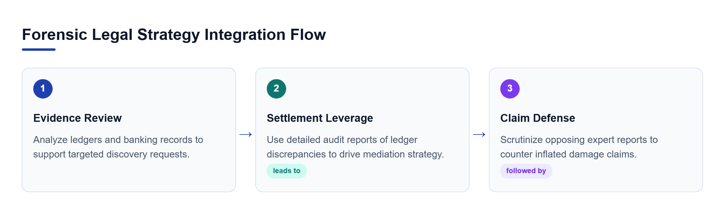 Diagram: Horizontal process flow showing early evidence review leading to settlement leverage and final defense against opposing claims.