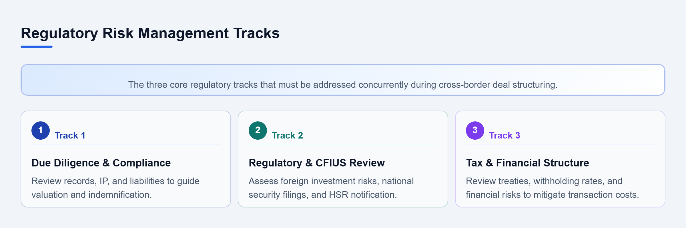 Diagram: Parallel review tracks for cross-border deals: Due Diligence, Federal Regulatory Review, and Tax & Financial Structure.