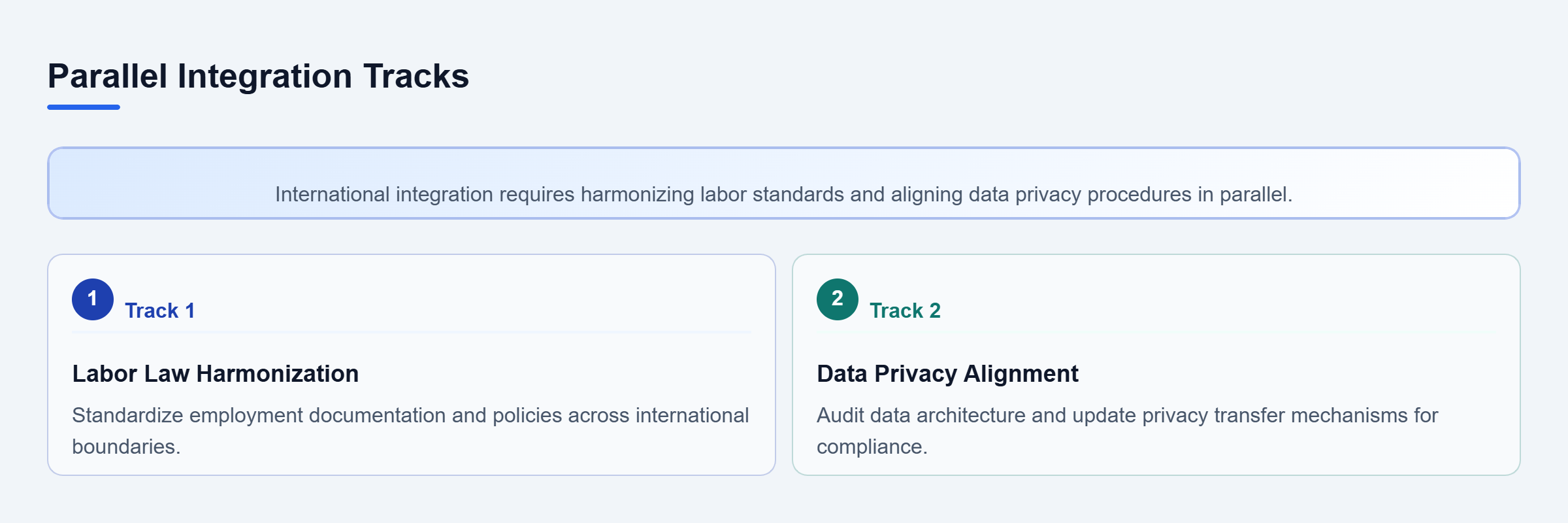 Diagram: Two parallel tracks for M&A integration: workforce policy harmonization and data privacy standard alignment.