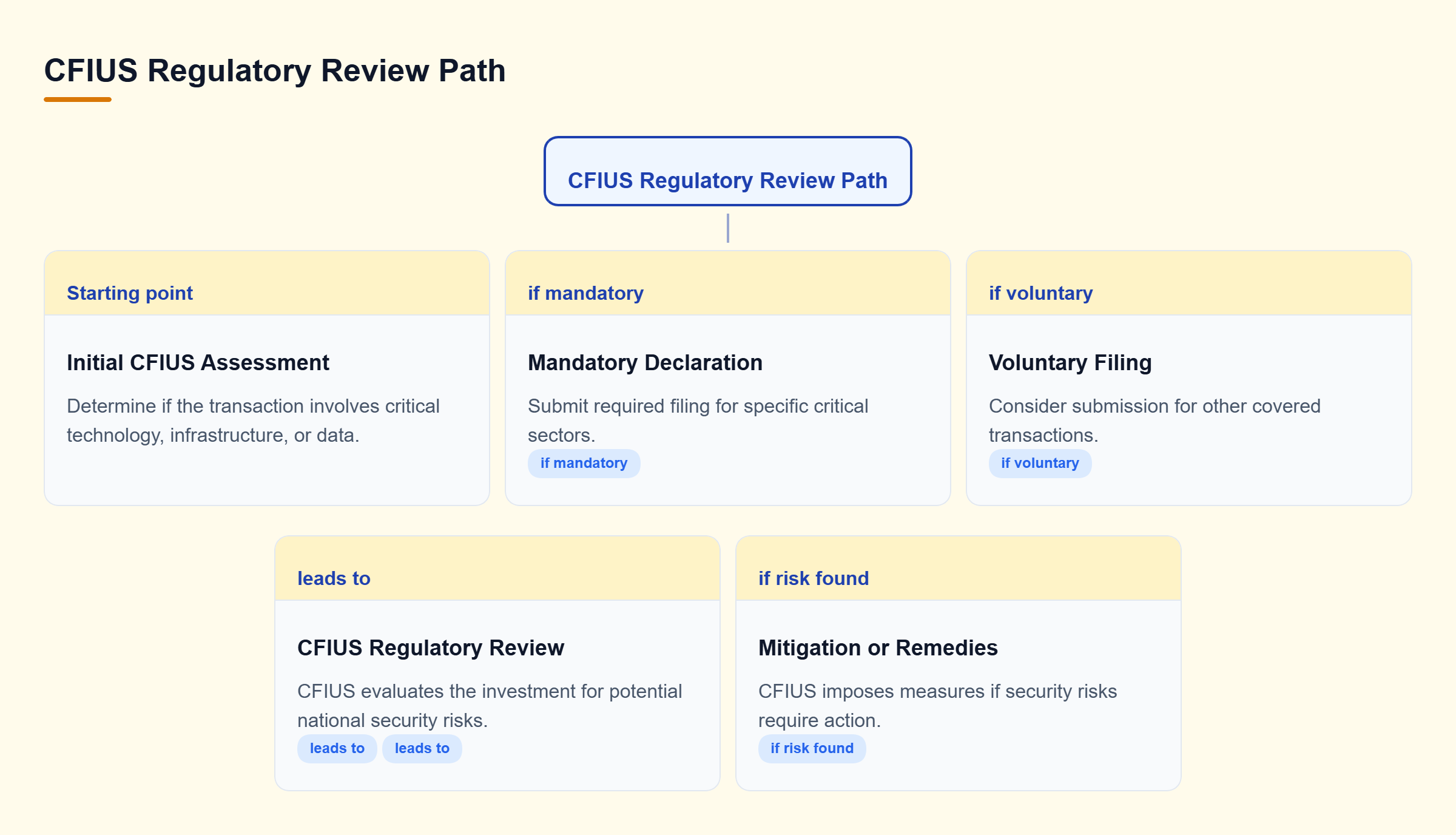 Diagram: A decision tree illustrating the path from initial assessment to CFIUS review and potential mitigation measures.