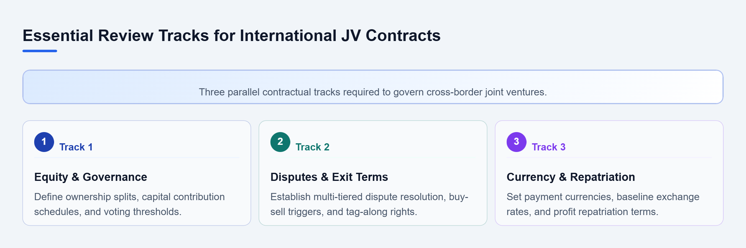 Diagram: Parallel checklist showing equity and governance, exit and dispute resolution, and currency and repatriation tracks.