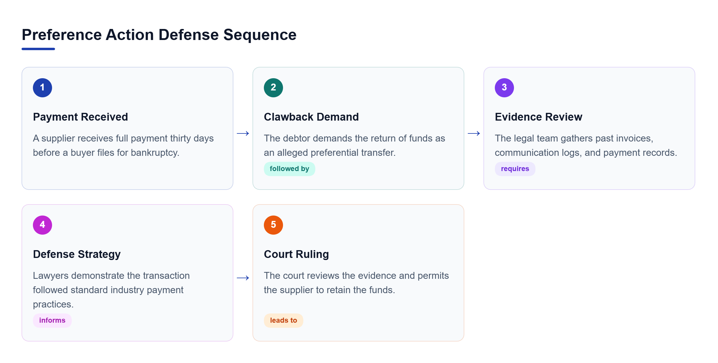 Diagram: Five-step process flow showing the initial payment, the debtor clawback demand, evidence review, defense presentation, and a favorable court ruling for the supplier.