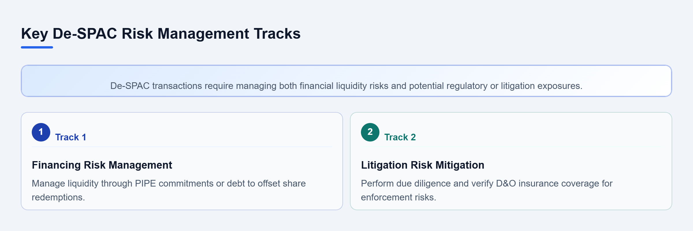 Diagram: Diagram showing two parallel risk tracks in de-SPAC transactions: financing and litigation risk management.