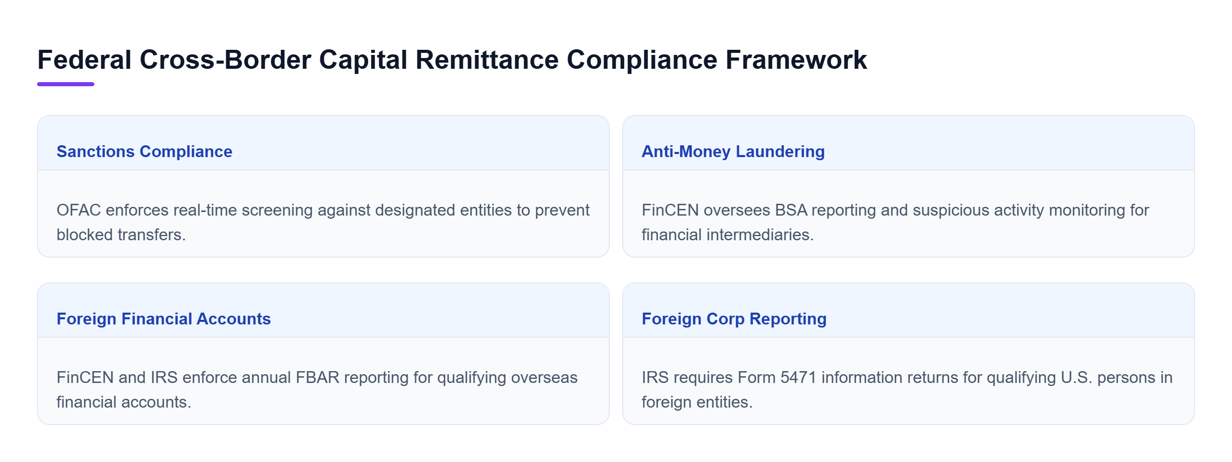 Diagram: Comparison chart outlining sanctions, anti-money laundering, foreign account reporting, and foreign corporation information obligations and legal risks.