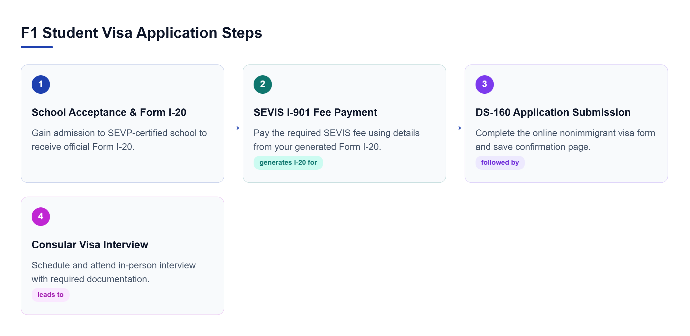 Diagram: A 4-step flowchart detailing school acceptance and Form I-20 issuance, SEVIS fee payment, DS-160 submission, and consular interview.