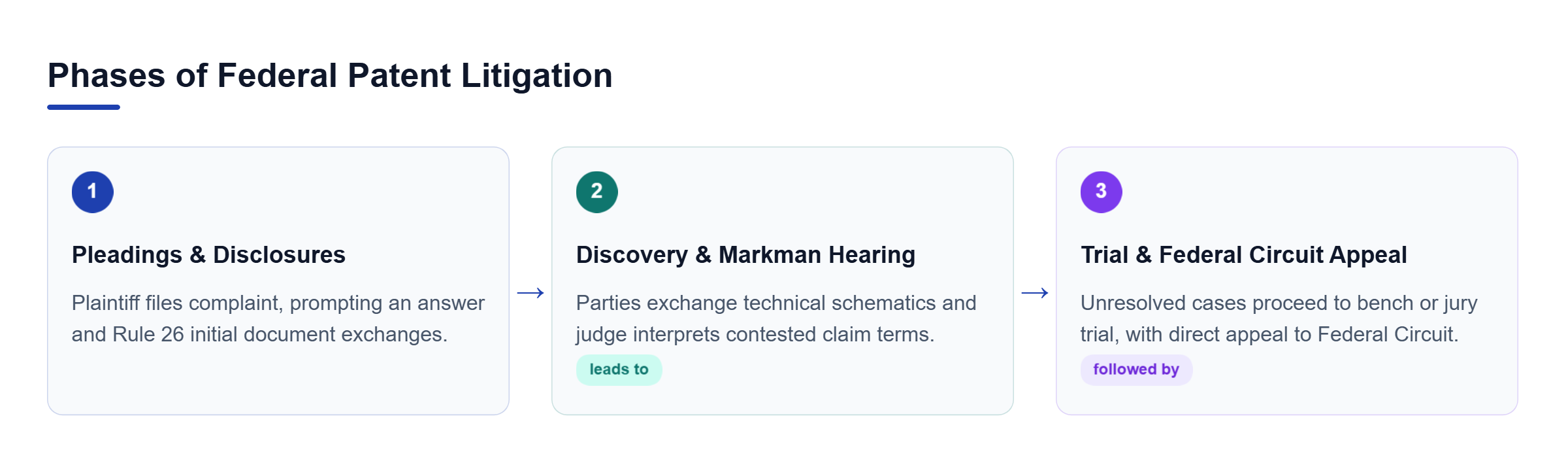Diagram: Process flow outlining legal proceedings from initial complaint through discovery, Markman hearing, trial, and federal circuit appeal.