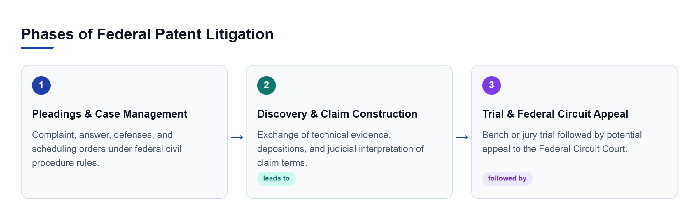 Diagram: Horizontal process flow showing pleadings, discovery and claim construction, then trial and appeal.