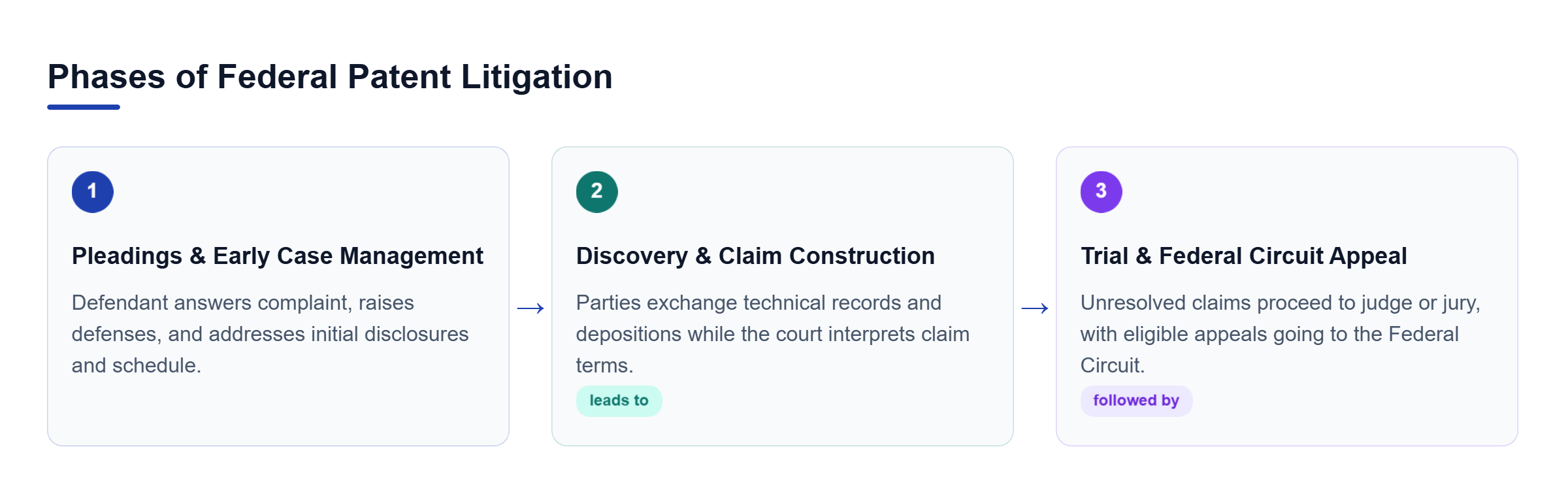 Diagram: Horizontal process flow depicting pleadings, discovery with claim construction, and trial or appeal.