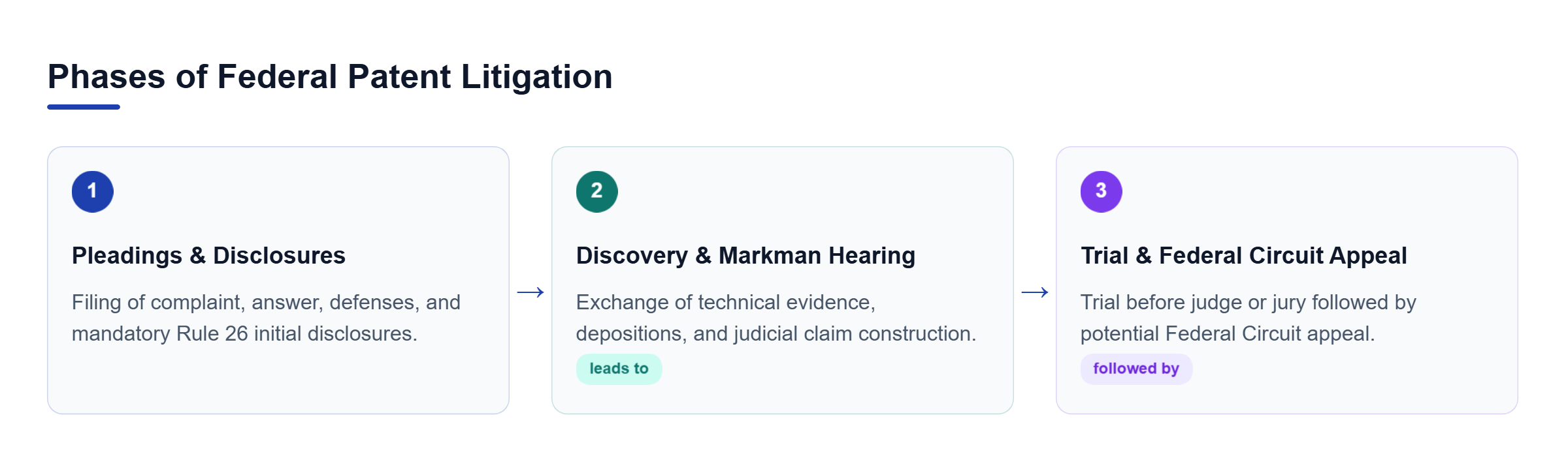 Diagram: Process flow outlining initial pleadings, discovery with claim construction, and trial or appeal.