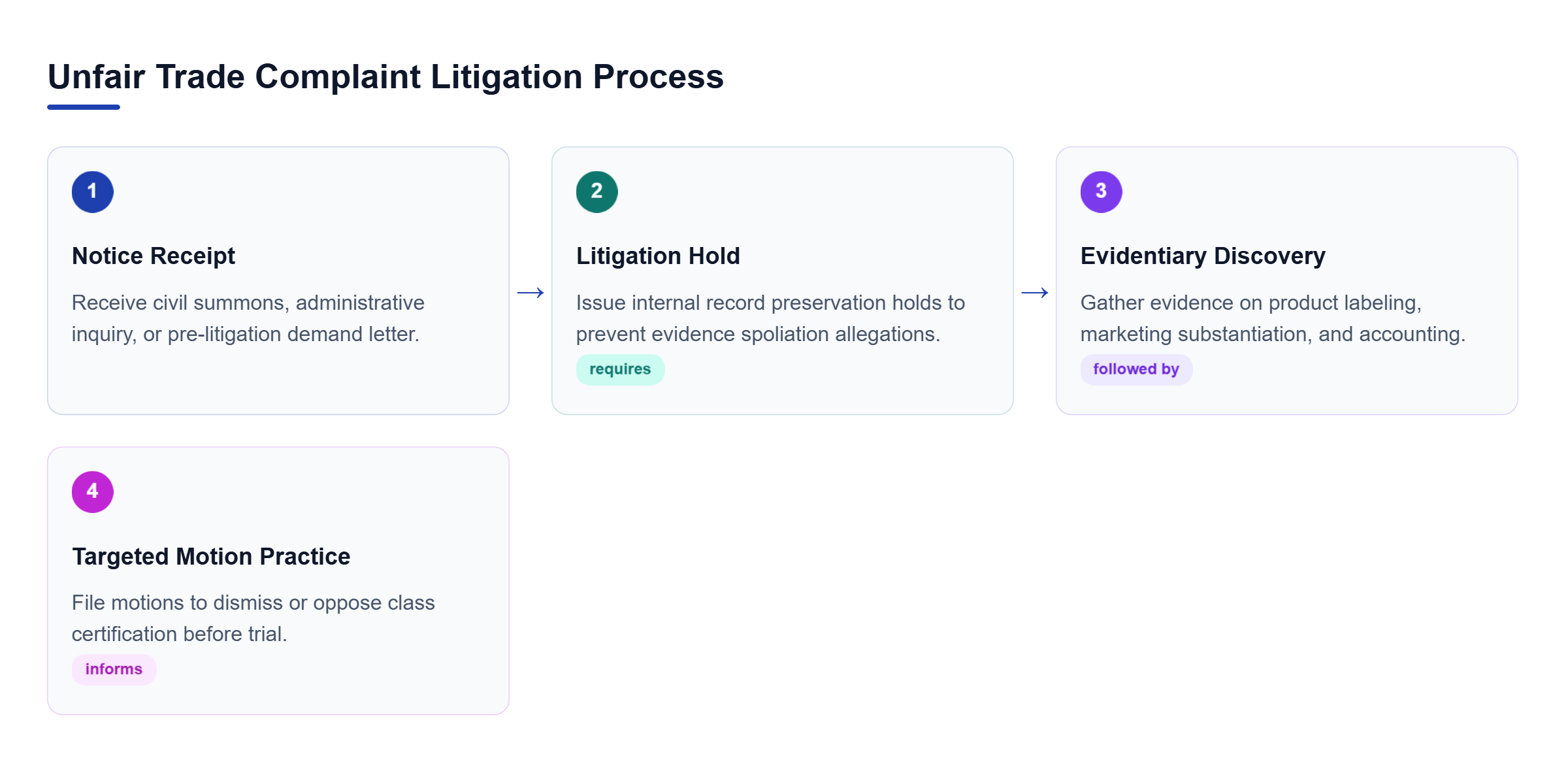 Diagram: Process flow mapping notice receipt, litigation hold issuance, pre-trial discovery, and motion practice.