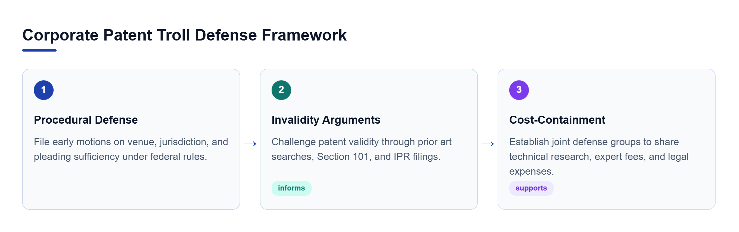 Diagram: Process flow outlining early procedural motions leading to patent invalidity challenges and joint defense cost-containment.