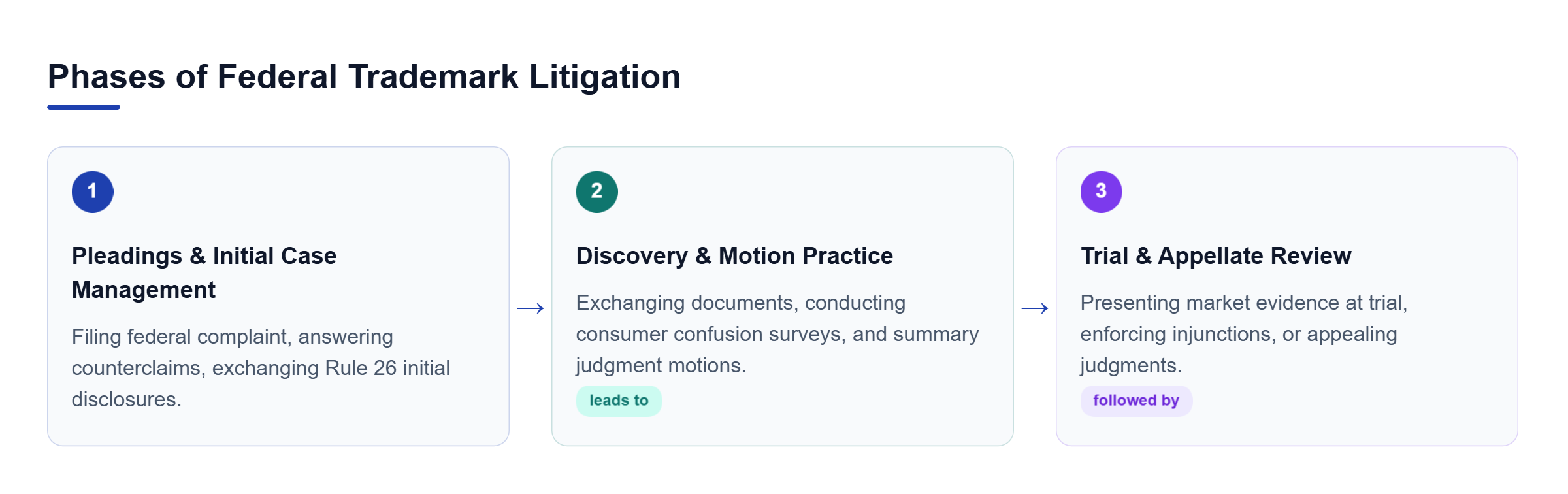 Diagram: Horizontal process flow depicting pleadings and case management, discovery and motion practice, and trial or appeal.