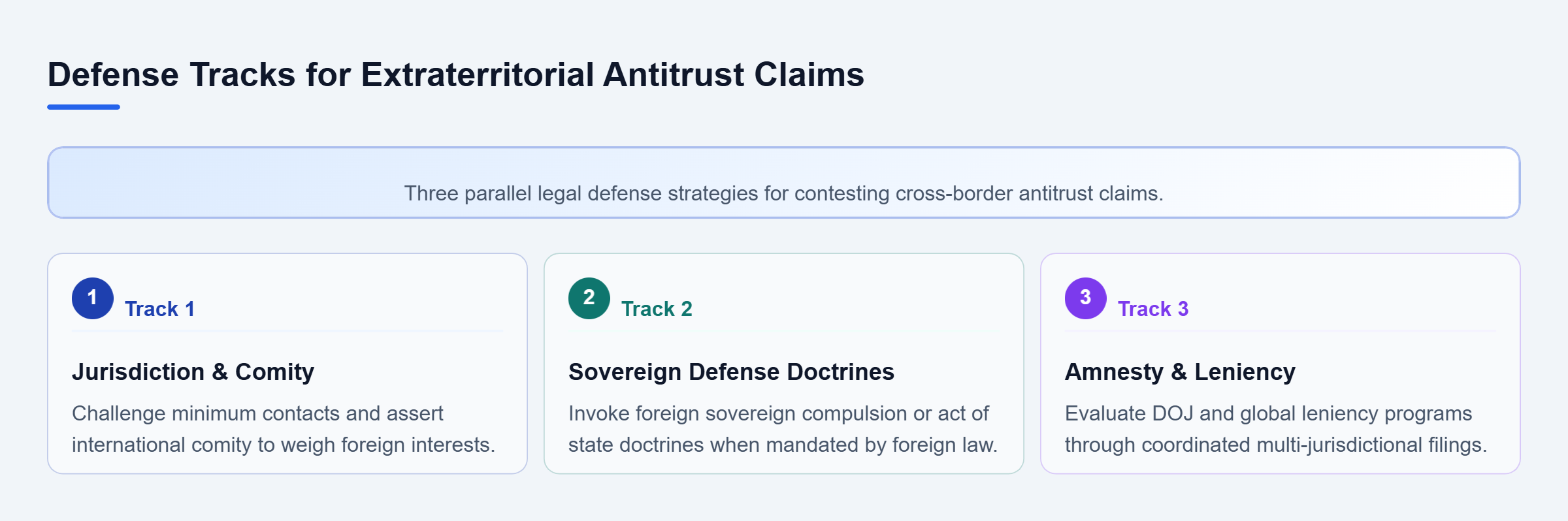Diagram: Overview of three parallel defense tracks for cross-border antitrust claims: personal jurisdiction and comity, sovereign defense doctrines, and amnesty or leniency programs.