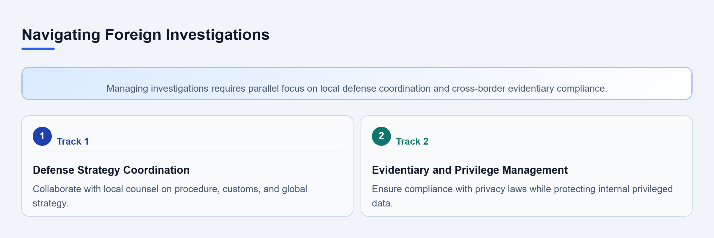 Diagram: Diagram showing two parallel tracks for navigating foreign investigations: coordinating defense strategies and managing cross-border evidentiary requirements.