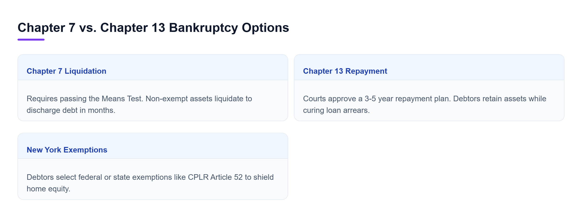 Diagram: Comparison of Chapter 7 liquidation and Chapter 13 repayment plans, detailing qualification, asset treatment, and process structure under New York law.