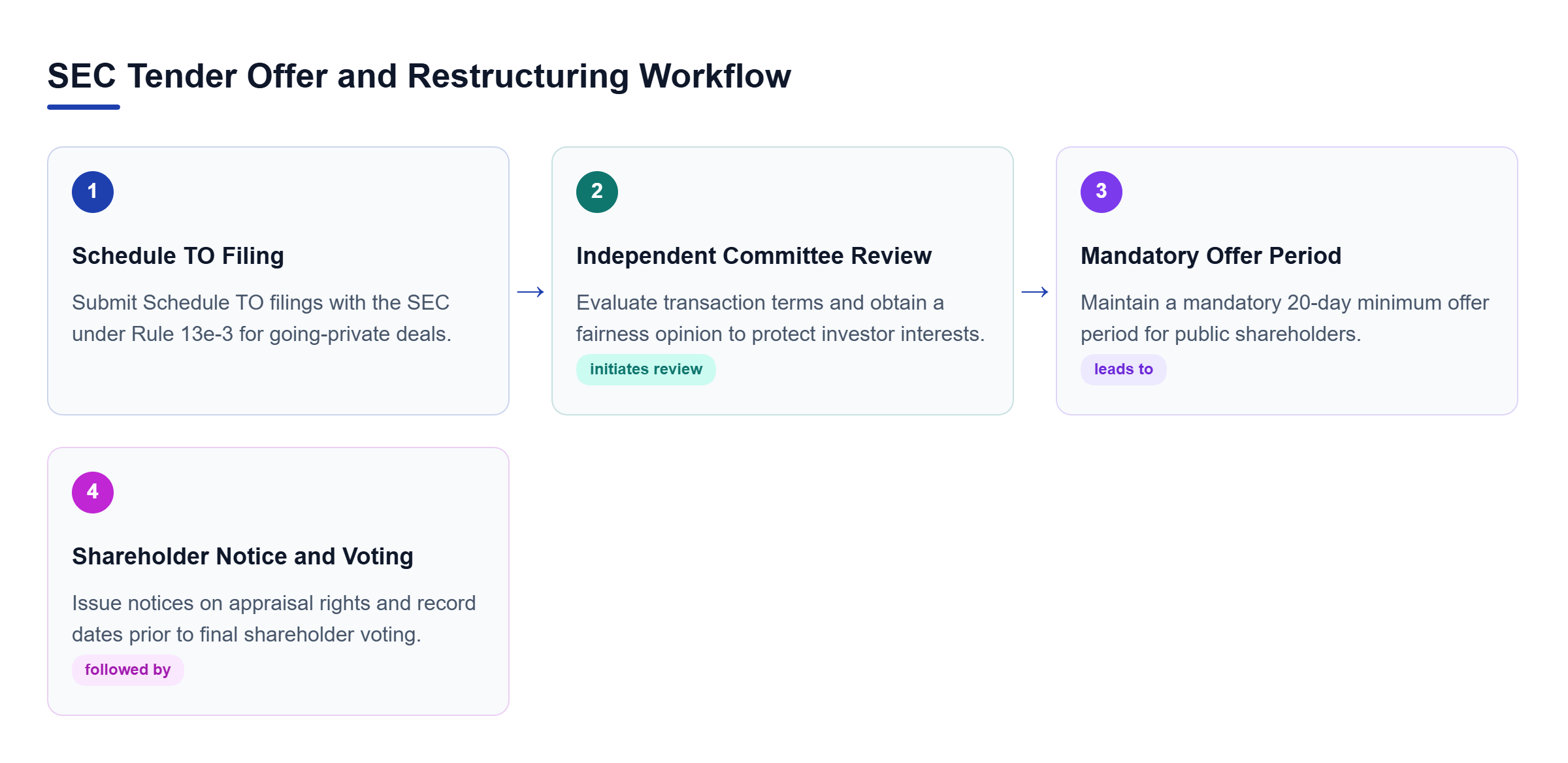 Diagram: Process flowchart mapping Schedule TO filing, independent committee review, 20-day offer period, and shareholder notice distribution.