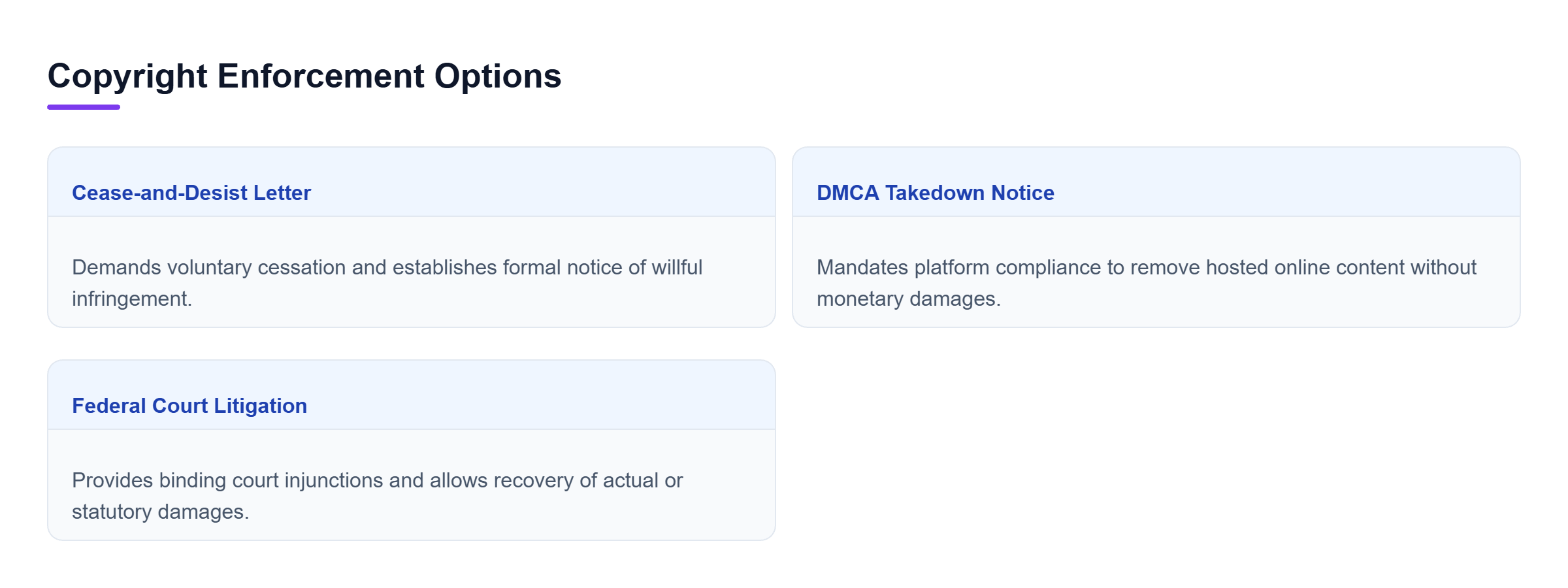 Diagram: Comparison chart of cease-and-desist letters, DMCA takedowns, and federal litigation detailing actions and monetary recovery.