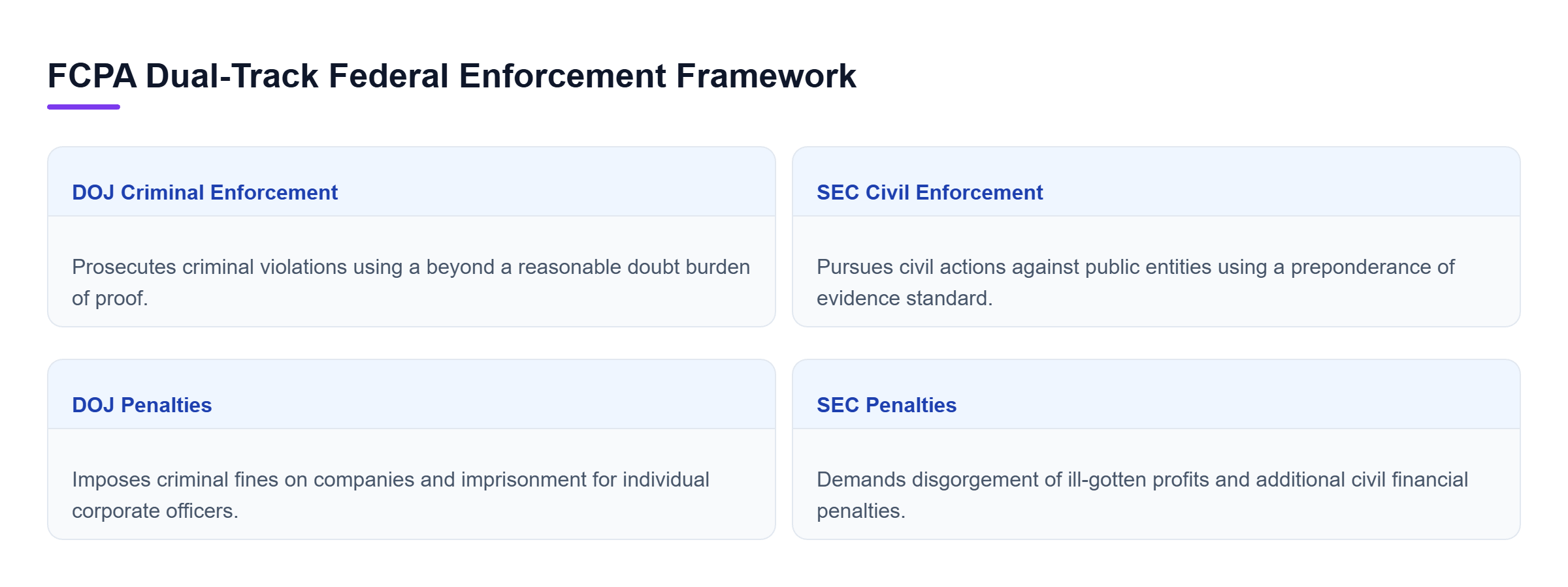 Diagram: Comparison of DOJ criminal prosecution versus SEC civil enforcement under FCPA, detailing authority, standard of proof, and potential penalties.