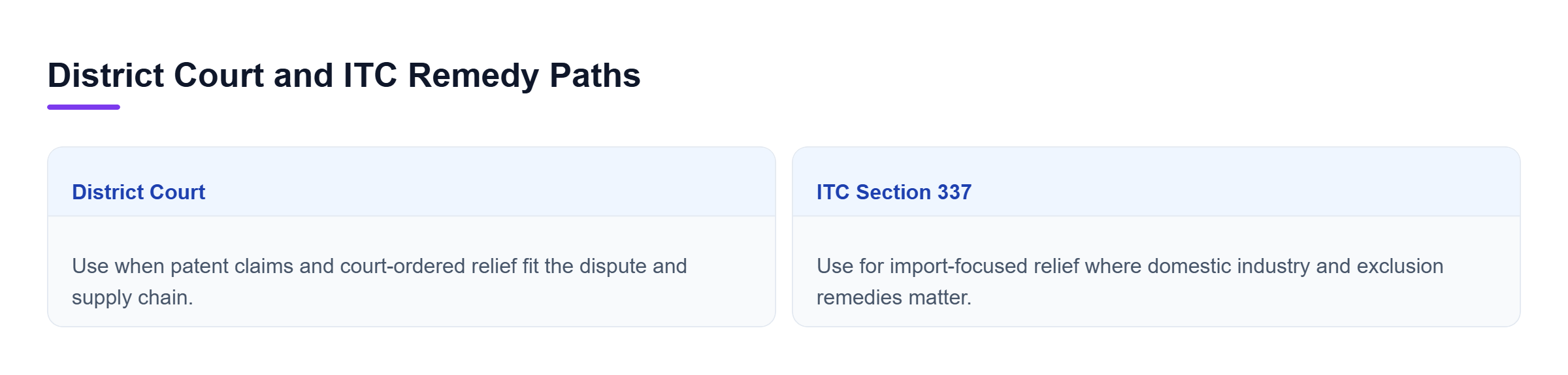 Diagram: Side-by-side comparison of district court and ITC paths, showing their different remedies and the role of import and supply-chain facts.