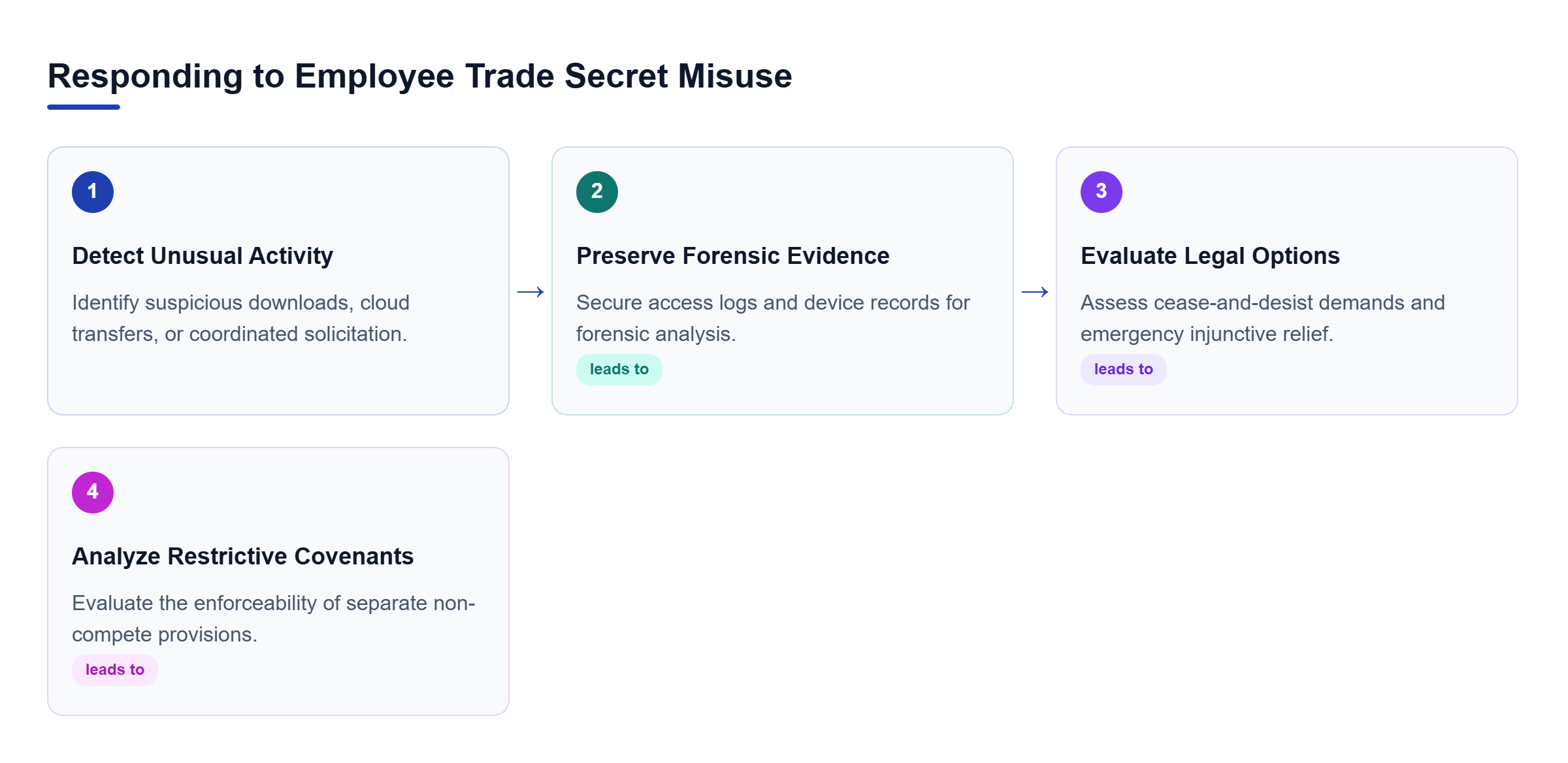 Diagram: Flowchart showing steps to handle trade secret theft: detecting unusual activity, preserving forensic evidence, seeking relief, and covenant analysis.