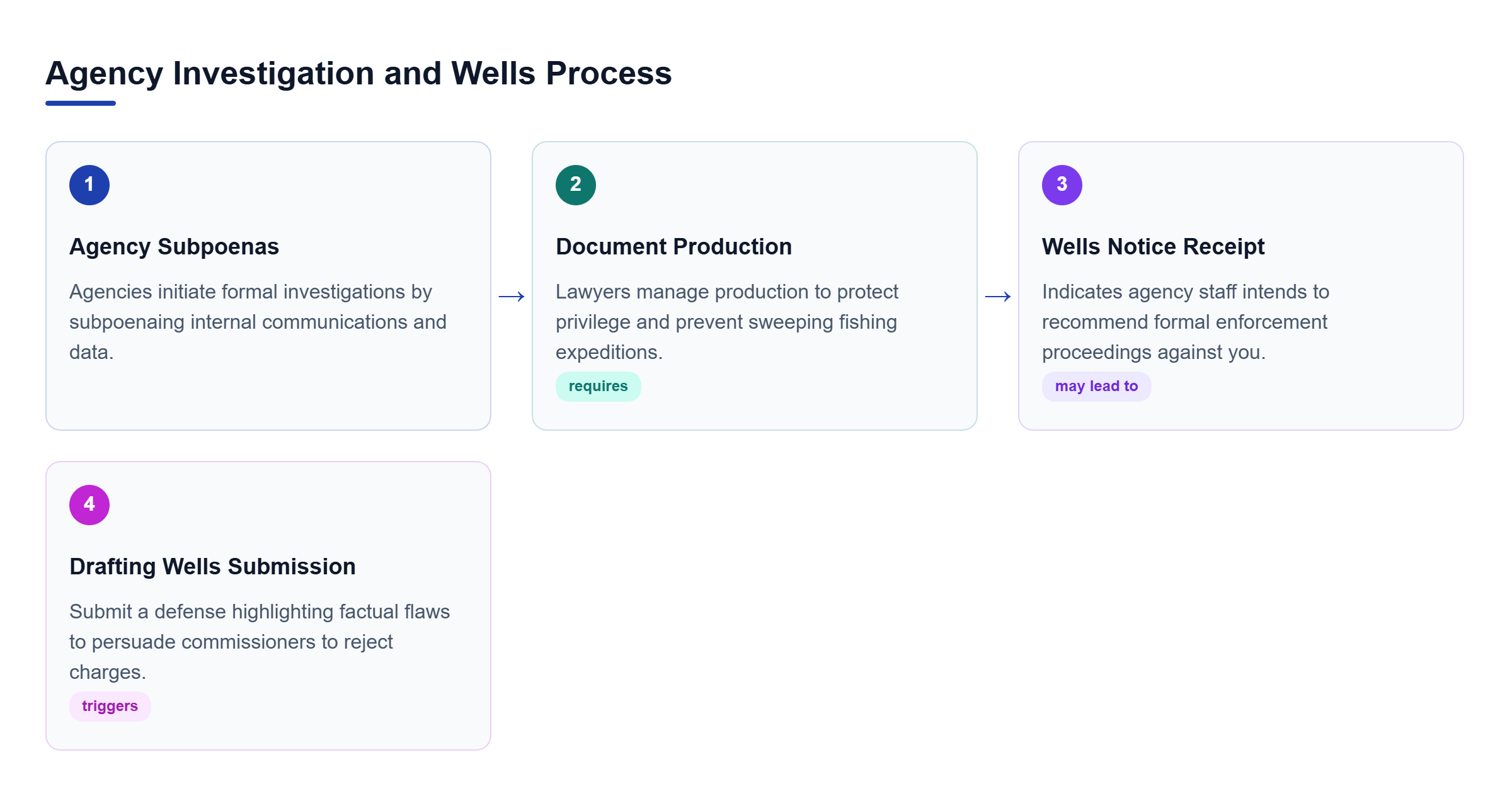 Diagram: A process flow showing agency subpoenas leading to document production, followed by a Wells Notice, which triggers a Wells Submission.