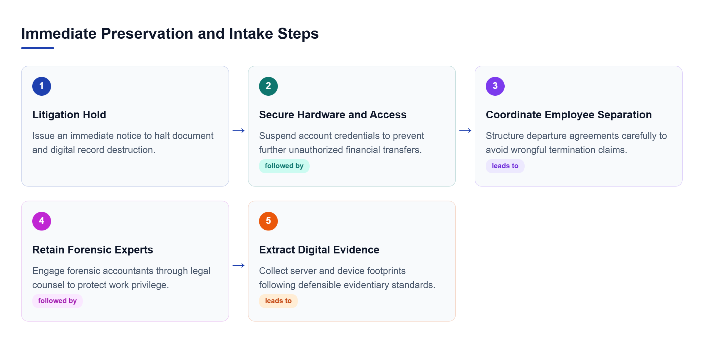 Diagram: Process flow showing litigation hold, securing access, coordinating separation, retaining forensic accountants, and collecting evidence.