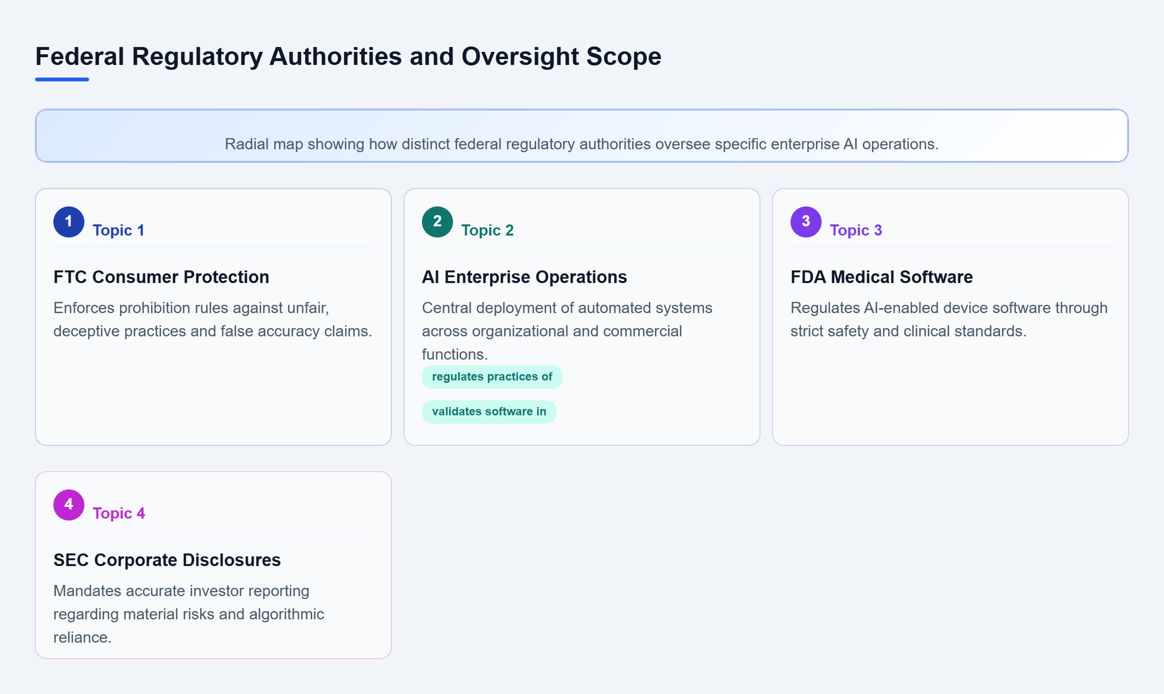 Diagram: Central AI Enterprise Operations node connected to FTC for fairness, FDA for medical devices, and SEC for risk disclosures.