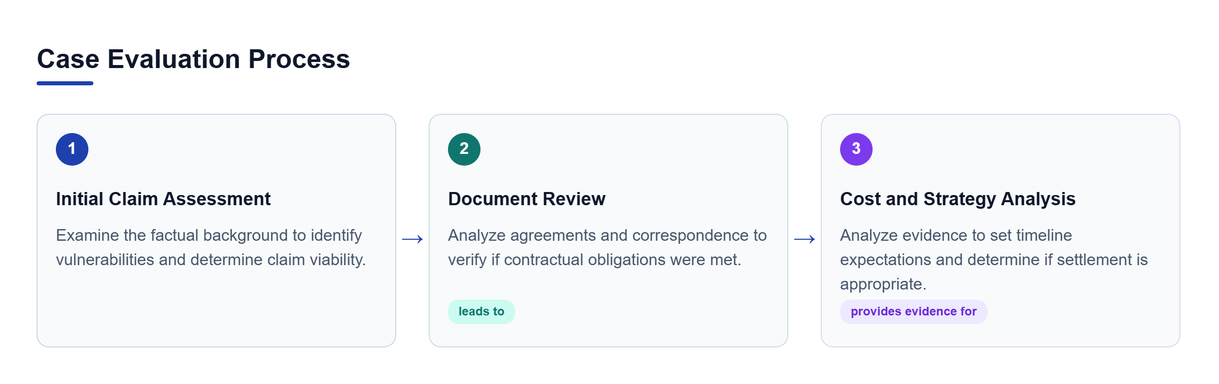 Diagram: A horizontal process flow showing Initial Claim Assessment leading to Document Review, which provides evidence for Cost and Strategy Analysis.