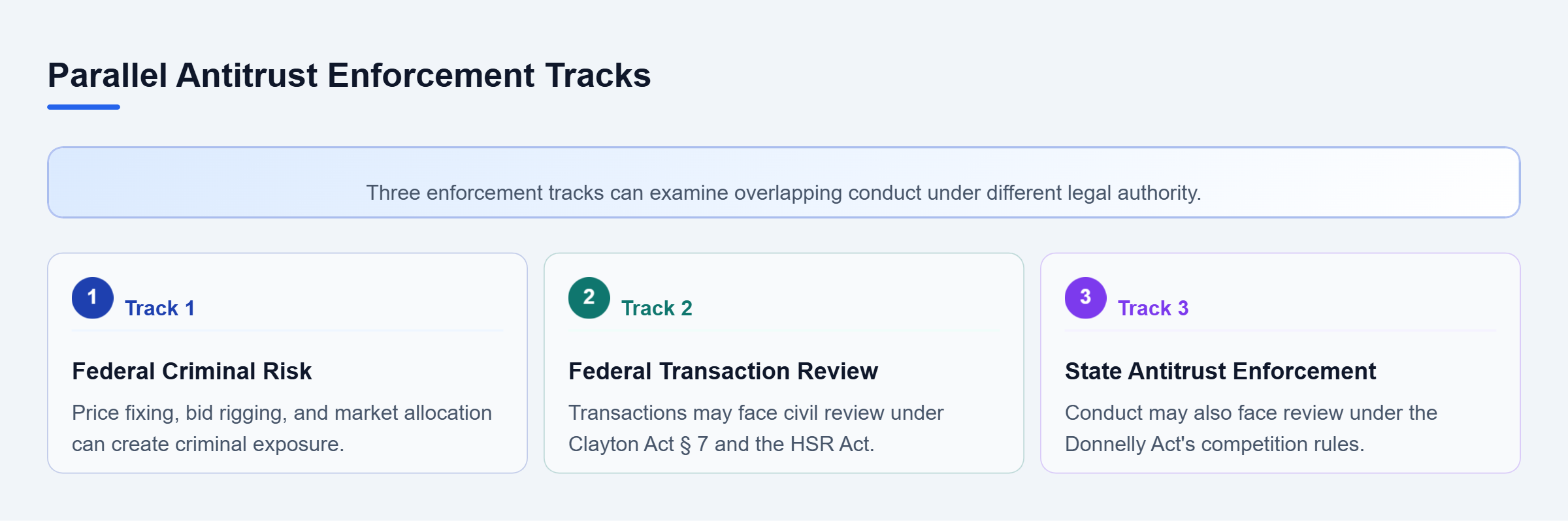 Diagram: Parallel review of federal criminal conduct, federal transaction scrutiny, and state antitrust enforcement using overlapping records.