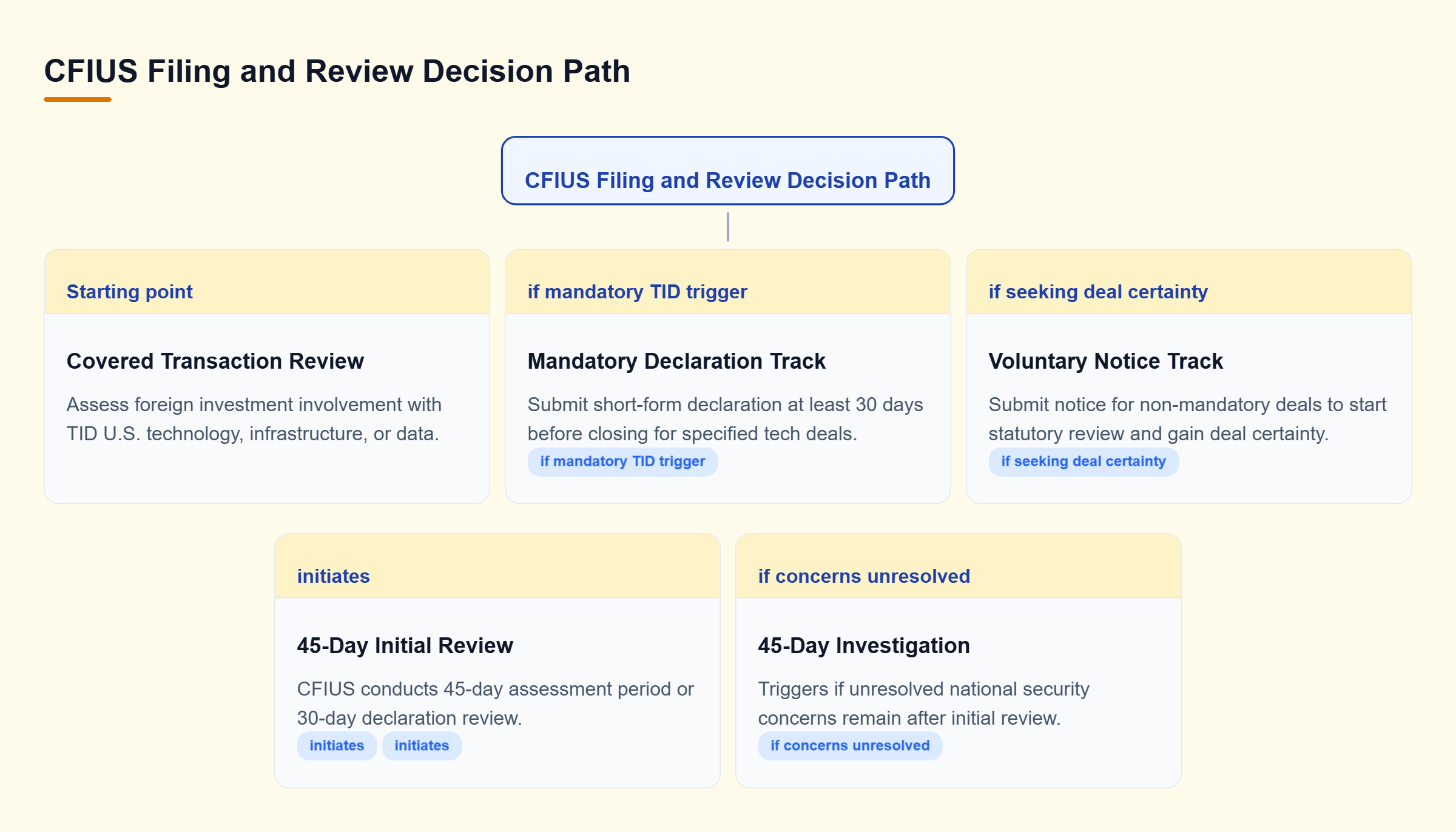 Diagram: Decision tree mapping transaction filing options based on TID business involvement, leading to either short declarations or full 45-day notices.