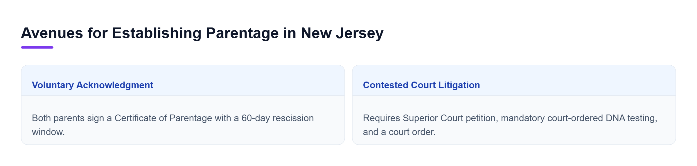 Diagram: Comparison of Voluntary Acknowledgment and Contested Litigation avenues for establishing legal paternity in New Jersey.