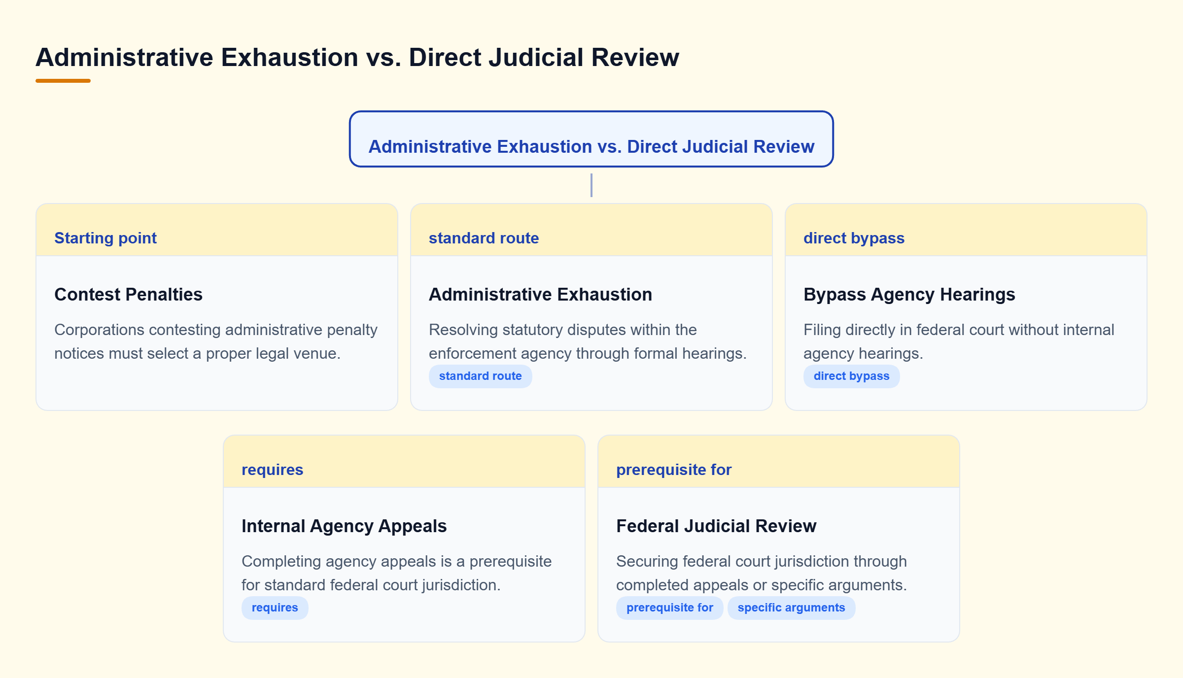 Diagram: Decision tree outlining two paths to federal court: standard administrative exhaustion through internal appeals, or bypassing hearings using specific jurisdictional arguments.