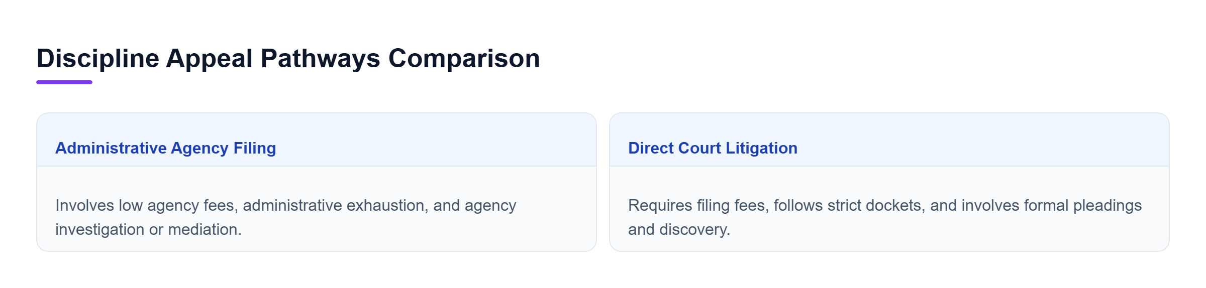 Diagram: Comparison showing costs, timelines, procedures, and legal considerations between administrative agency complaints and court litigation.