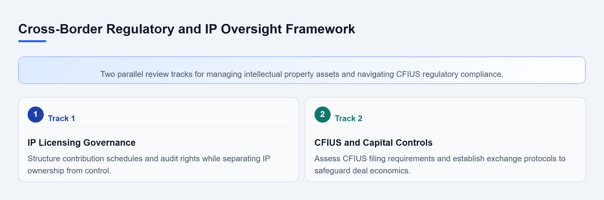 Diagram: Checklist flow showing parallel review tracks for IP licensing governance and CFIUS regulatory clearance.