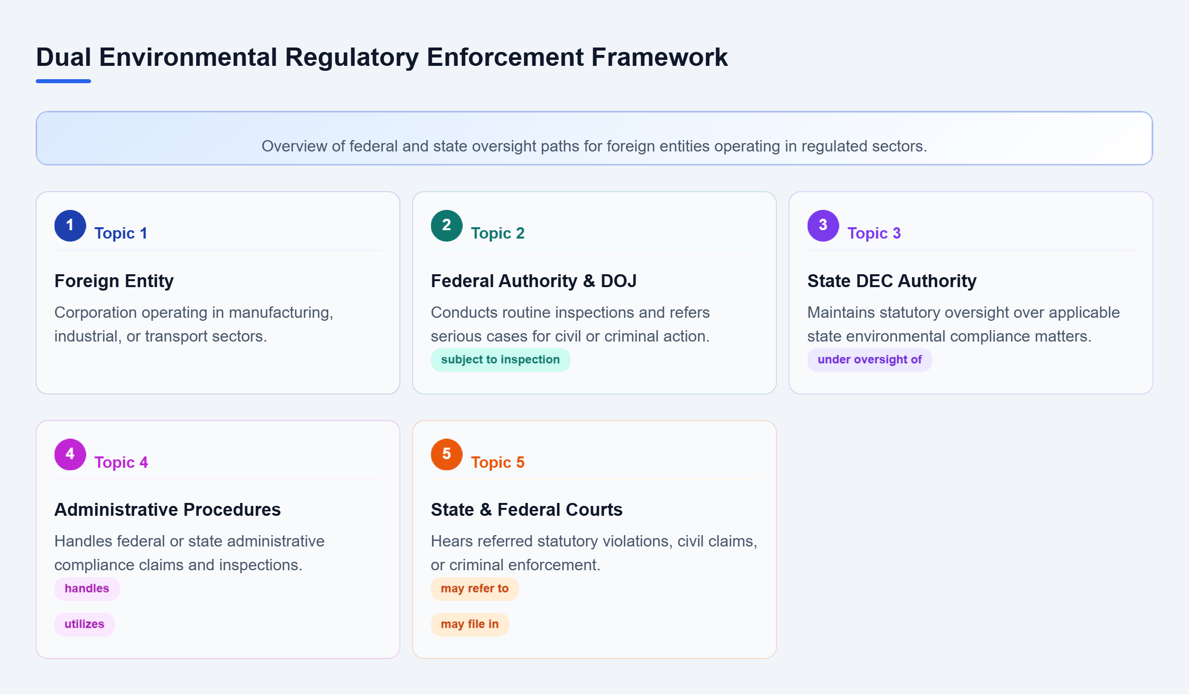Diagram: Diagram showing dual regulatory oversight from federal agencies and state DEC leading to administrative or court proceedings.