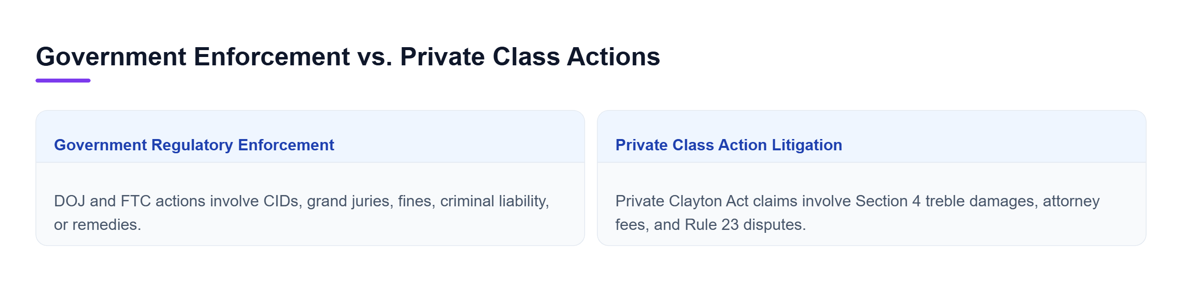 Diagram: Comparison showing government inquiries focus on fines and injunctions, while private class actions involve treble damages and class certification.