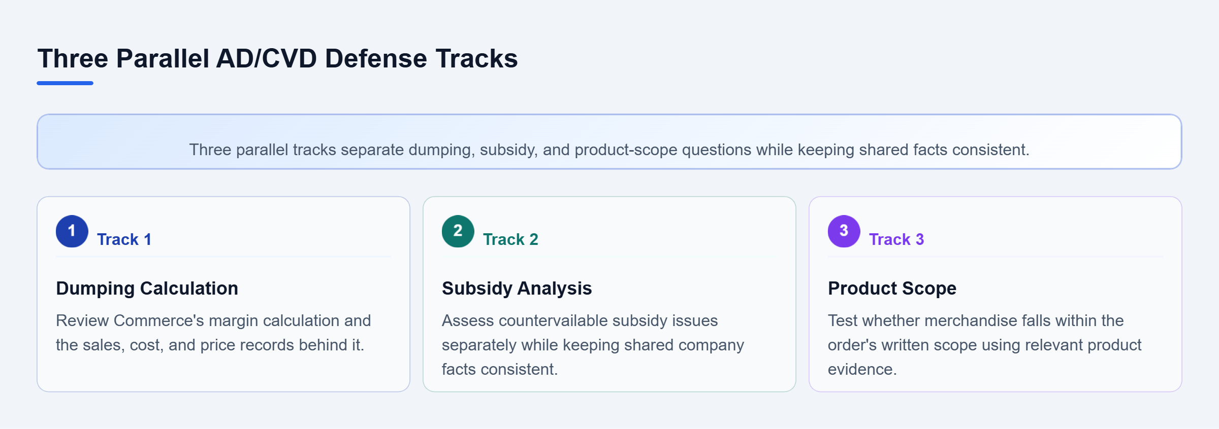 Diagram: Three parallel defense tracks address dumping calculations, countervailable subsidies, and whether merchandise falls within an order's written scope.