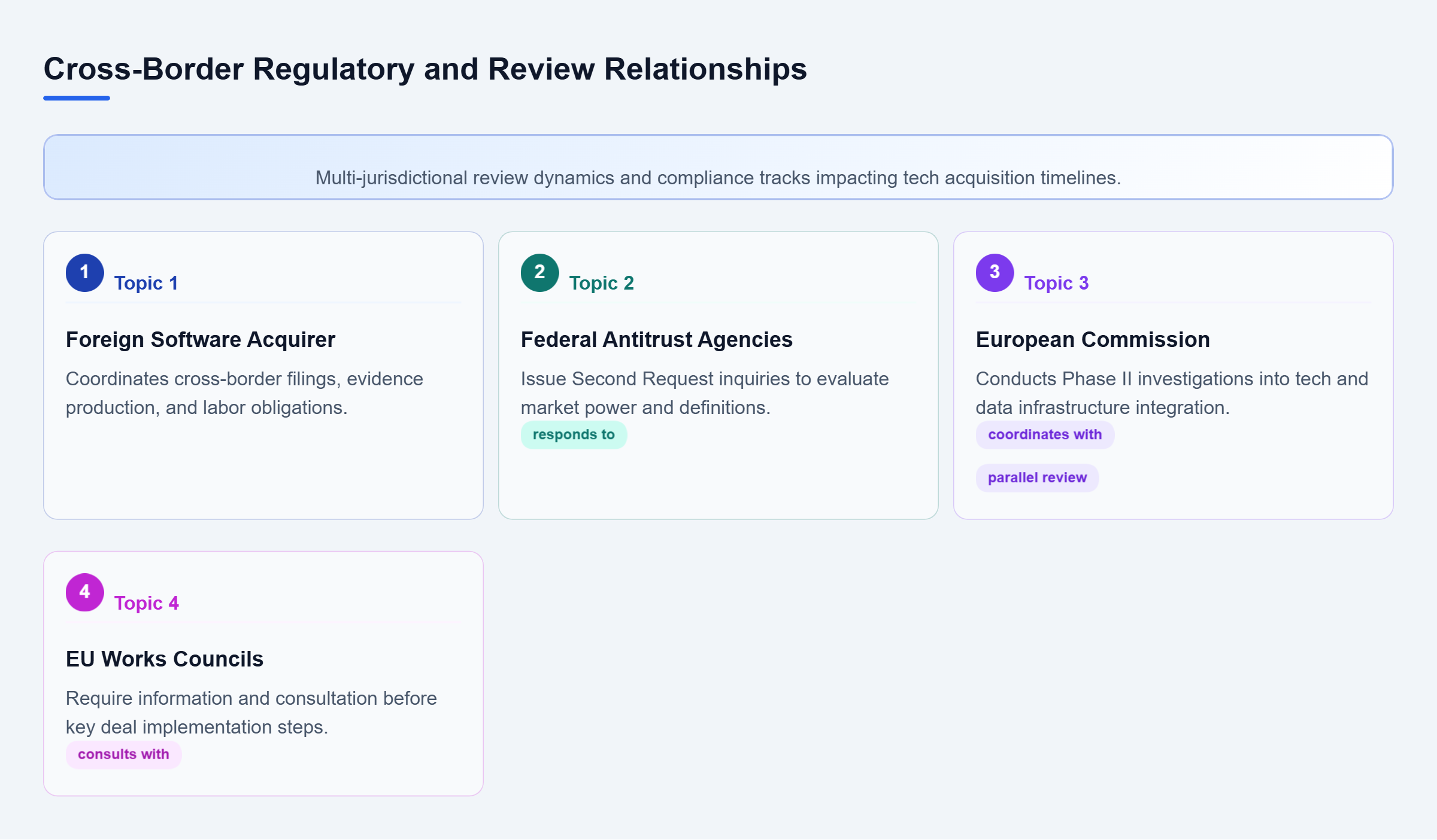 Diagram: Diagram showing how foreign software acquirers coordinate parallel reviews across federal antitrust agencies, the European Commission, and EU works councils.