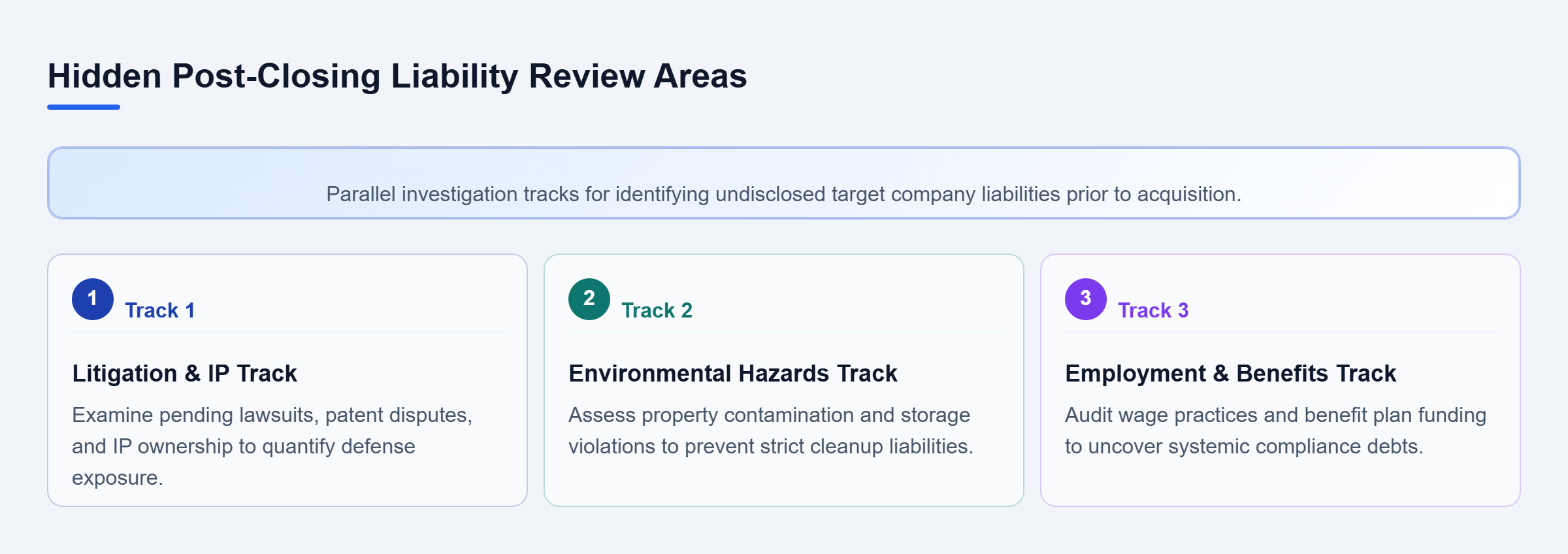 Diagram: Checklist flow mapping three parallel review tracks: Litigation & IP, Environmental Hazards, and Employment & Benefits.